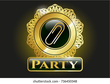  Gold badge with paper clip icon and Party text inside