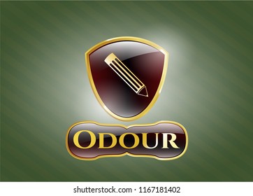  Gold badge with pencil icon and Odour text inside