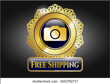   Gold badge with photo camera icon and Free Shipping text inside