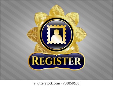  Gold badge with picture icon and Register text inside