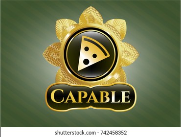  Gold badge with pizza slice icon and Capable text inside