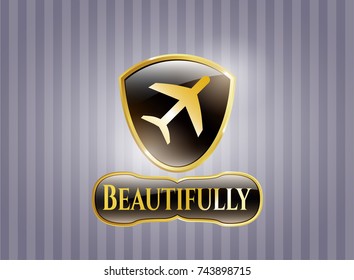  Gold badge with plane icon and Beautifully text inside