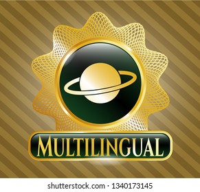  Gold badge with planet, saturn icon and Multilingual text inside