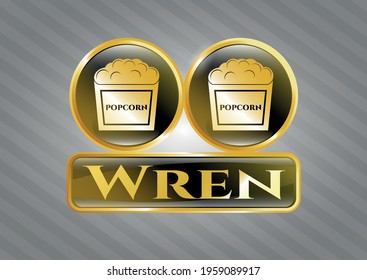 Gold badge with popcorn icon and Wren text inside
