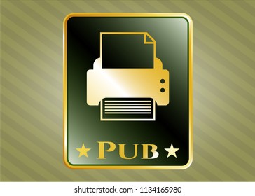  Gold badge with printer icon and Pub text inside