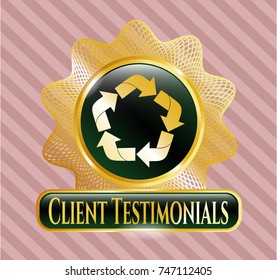 Gold badge with recycle icon and Client Testimonials text inside