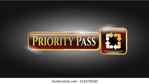 Gold badge with recycle icon and Priority Pass text inside