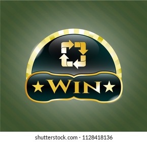  Gold badge with recycle icon and Win text inside