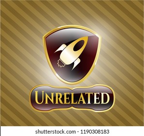  Gold badge with rocket icon and Unrelated text inside