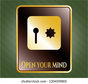  Gold badge with safe, safety deposit box icon and Open your Mind text inside