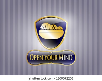  Gold badge with salad icon and Open your Mind text inside