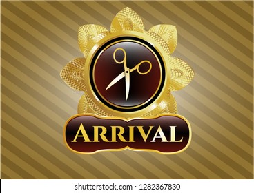  Gold badge with scissors icon and Arrival text inside