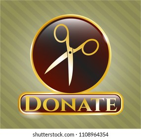   Gold badge with scissors icon and Donate text inside