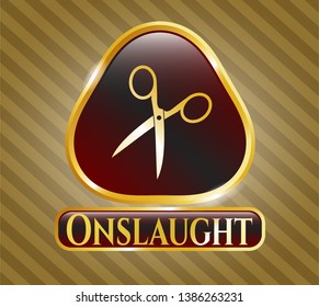  Gold badge with scissors icon and Onslaught text inside