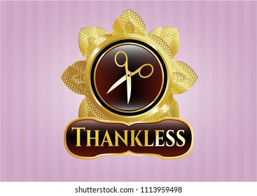  Gold badge with scissors icon and Thankless text inside