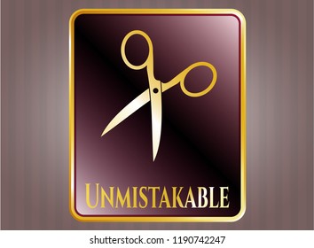  Gold badge with scissors icon and Unmistakable text inside