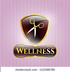  Gold badge with scissors icon and Wellness text inside