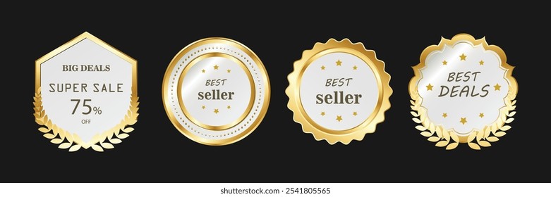 Gold badge set for super sale discounts and best seller awards, perfect for promotions, marketing, and special offers.


