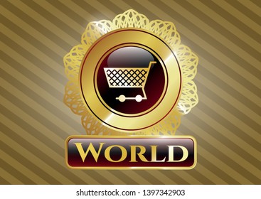  Gold badge with shopping cart icon and World text inside
