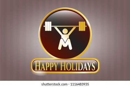  Gold badge with snatch, weightlifting icon and Happy Holidays text inside