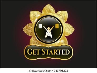  Gold badge with snatch, weightlifting icon and Get Started text inside
