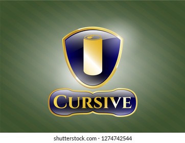  Gold badge with soda can icon and Cursive text inside