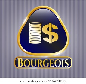  Gold badge with stack of coins icon and Bourgeois text inside