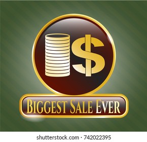  Gold badge with stack of coins icon and Biggest Sale Ever text inside