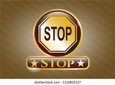  Gold badge with stop icon and Stop text inside