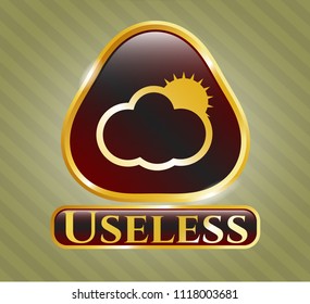  Gold badge with sun behind cloud icon and Useless text inside