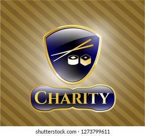  Gold badge with sushi icon and Charity text inside