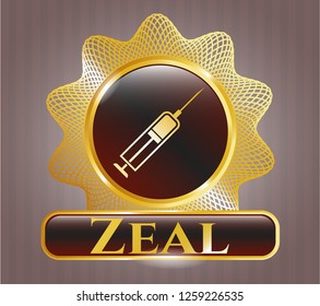  Gold badge with syringe icon and Zeal text inside