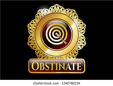  Gold badge with target, business icon and Obstinate text inside