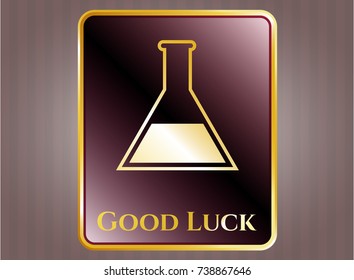  Gold badge with test tube icon and Good Luck text inside