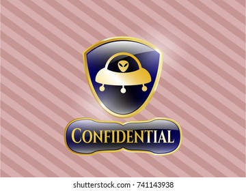  Gold badge with ufo with aline inside icon and Confidential text inside