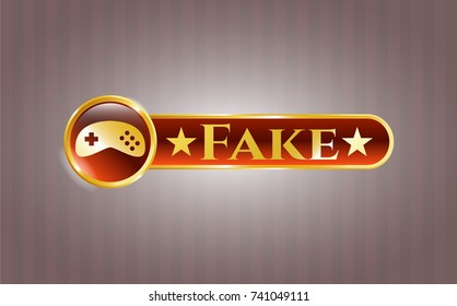  Gold badge with video game icon and Fake text inside