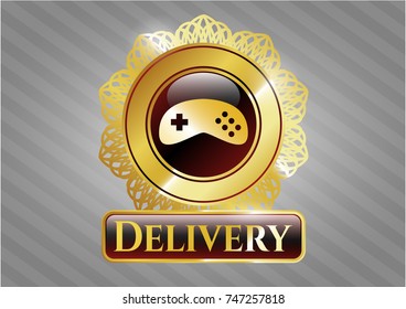  Gold badge with video game icon and Delivery text inside