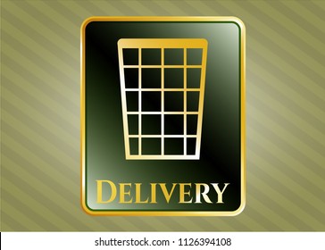  Gold badge with wastepaper basket icon and Delivery text inside
