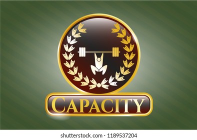  Gold badge with weightlifting inside of crown icon and Capacity text inside