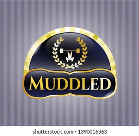  Gold badge with weightlifting inside of crown icon and Muddled text inside