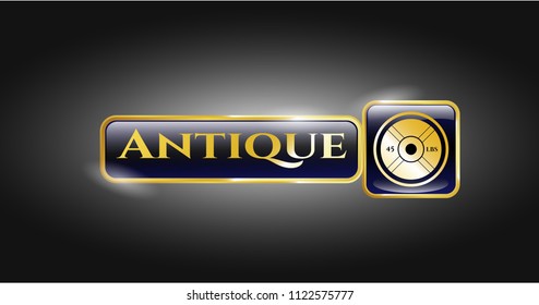  Gold badge with weightlifting or powerlifting plate (45 lbs) icon and Antique text inside