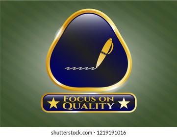  Gold badge with writer icon and Focus on Quality text inside