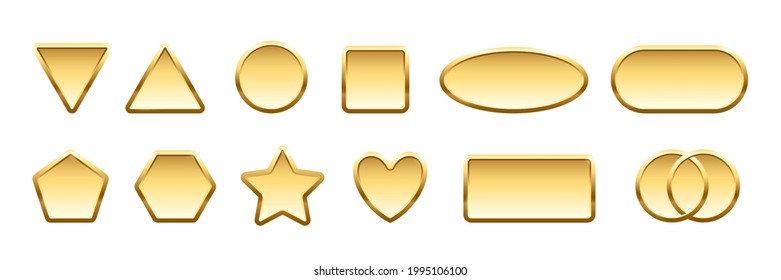 Gold badges different shapes set. Golden banners, icons, emblems design vector illustration. Glossy square, triangle, oval, heart, rectangle, star, circle signs with frames on white background.