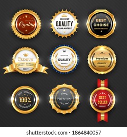 Gold badges and labels, business vector design. Premium quality guarantee certificate, best choice product and seller award, 3d stamps, medals and ribbon rosettes with golden royal crowns, trophy cups