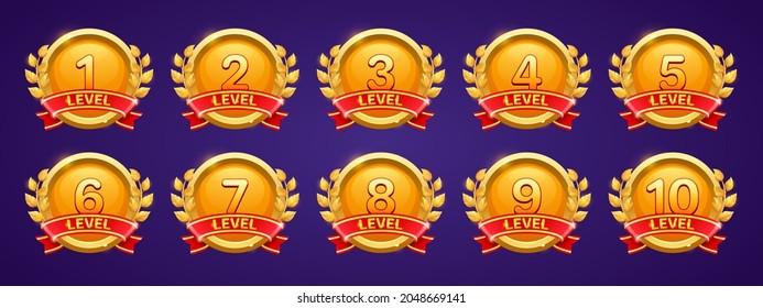 Gold badges with level number for game ui design. Vector cartoon icons of golden medals with red ribbons and laurel leaves isolated on blue background. Rank signs in game or mobile app