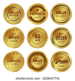 Gold Badges Seal Quality Labels With 9 Shapes Circle On White Background Stock Vector Illustration