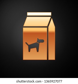 Gold Bag of food for dog icon isolated on black background. Food for animals. Pet food package. Vector Illustration