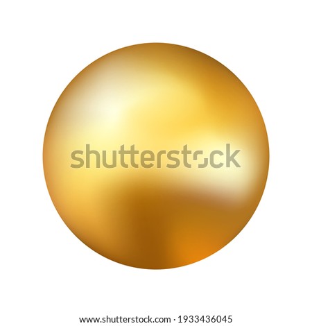 Gold ball on white backdrop. Realistic golden sphere. Yellow glossy element with reflections. Festive round object with metallic effect. Vector illustration.