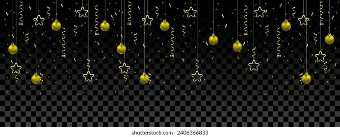Patrón de cinta de estrella de la bola de oro en gris oscuro diseño de fondo sin costuras para Feliz Navidad y Feliz Año Nuevo celebración festividad ilustración vectorial.