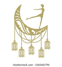 gold ballerina and moon with lanterns, vector